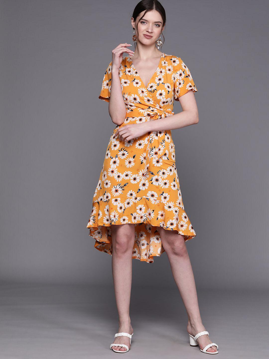 jc mode mustard yellow & off white floral a-line dress