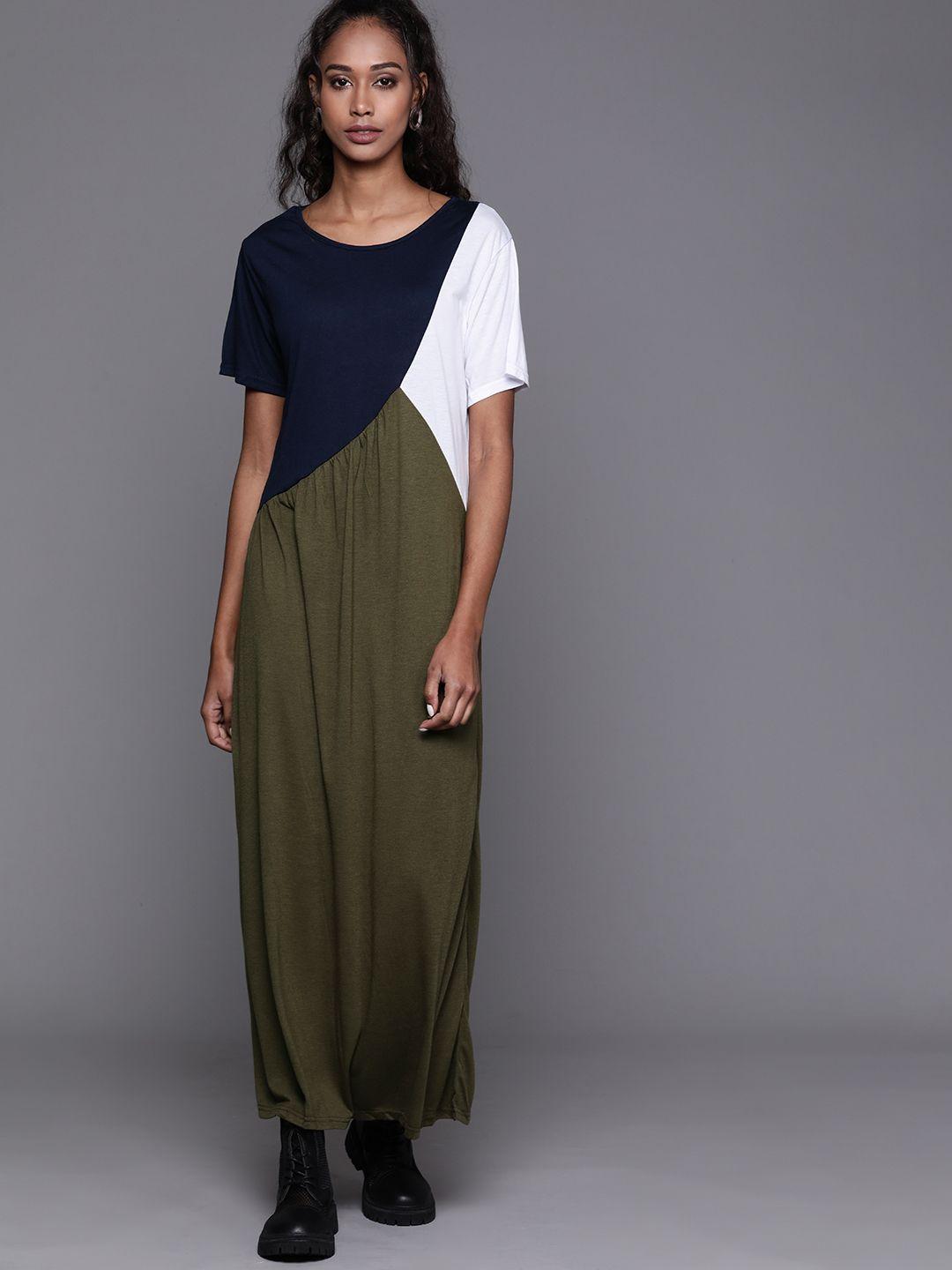 jc mode olive green & navy blue colourblocked maxi dress