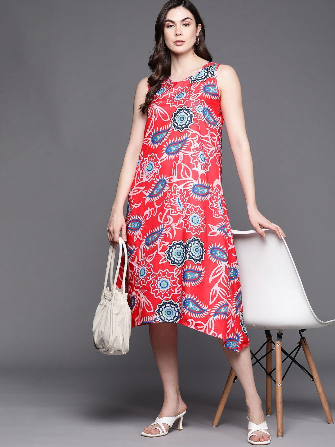 jc mode red & white ethnic motifs a-line dress