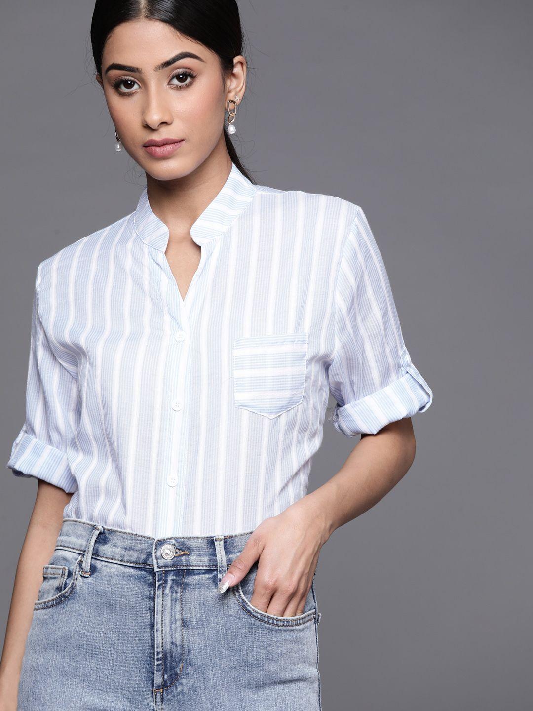 jc mode women blue & white cotton striped casual shirt with high-low hem