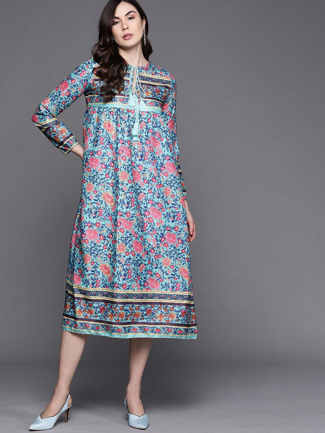 jc mode women green & blue ethnic motifs printed tie-up neck a-line midi dress