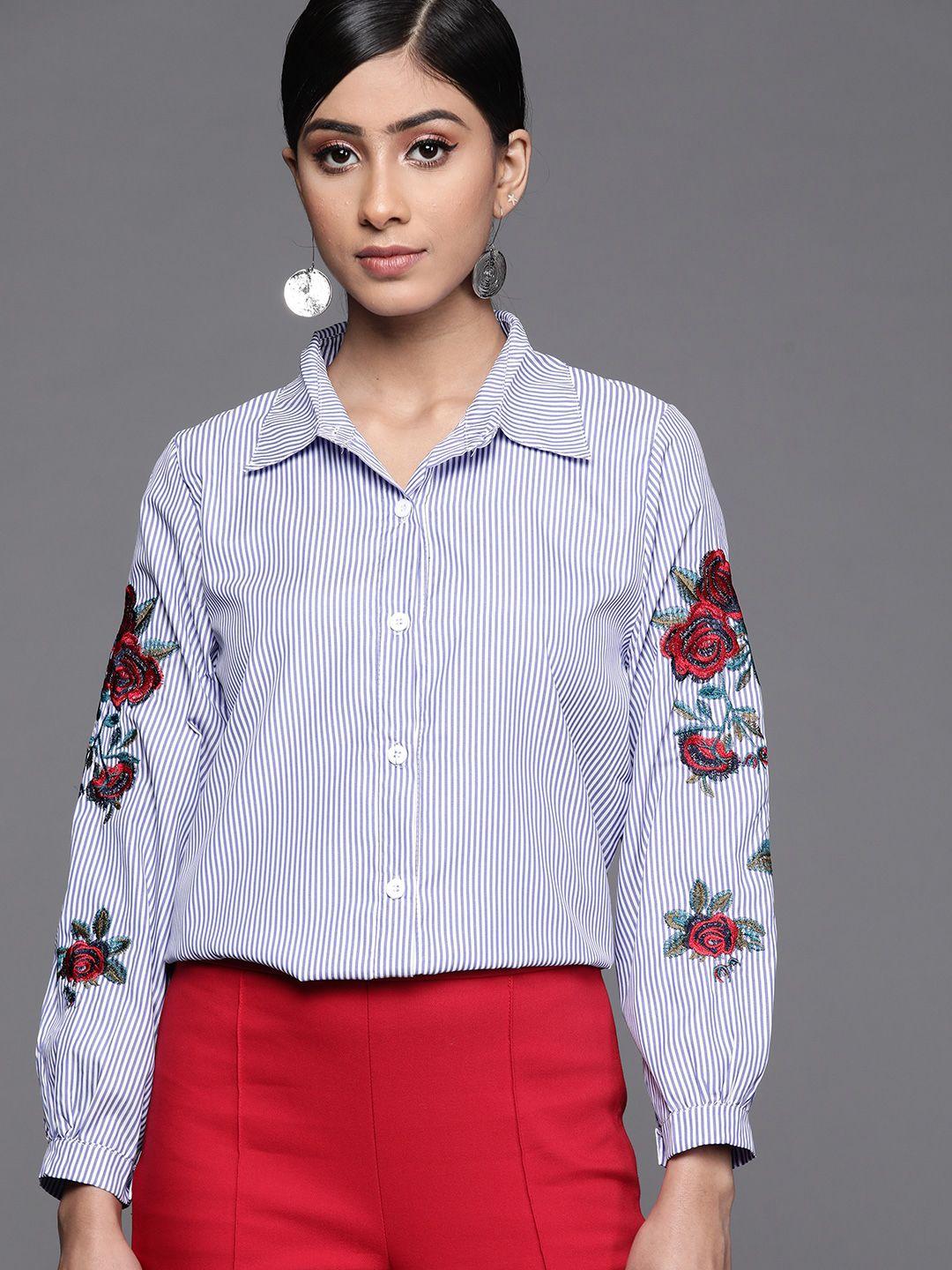 jc mode women navy blue & white striped with embroidered detail casual shirt