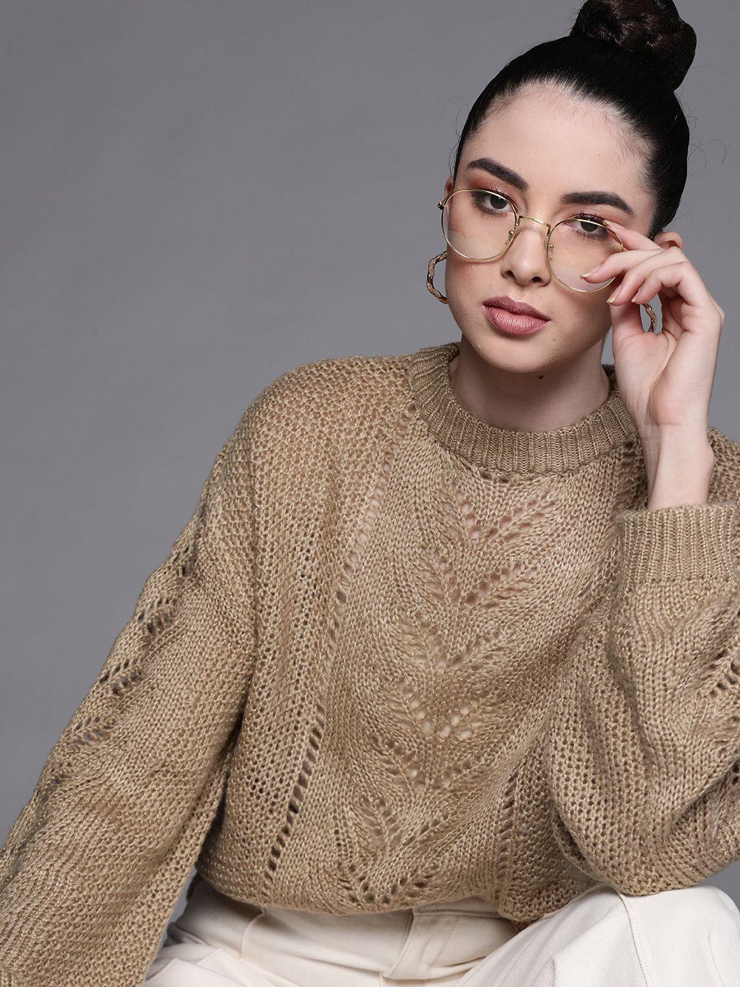 jc mode women taupe open knit pullover