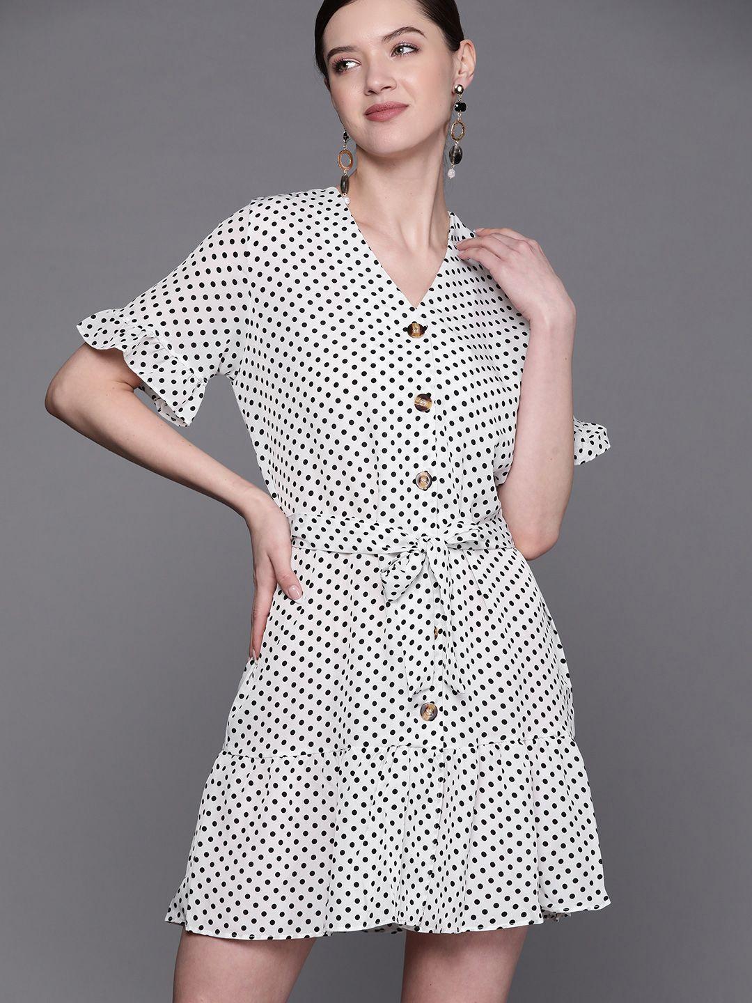 jc mode women white & black polka dot print a-line mini dress with belt