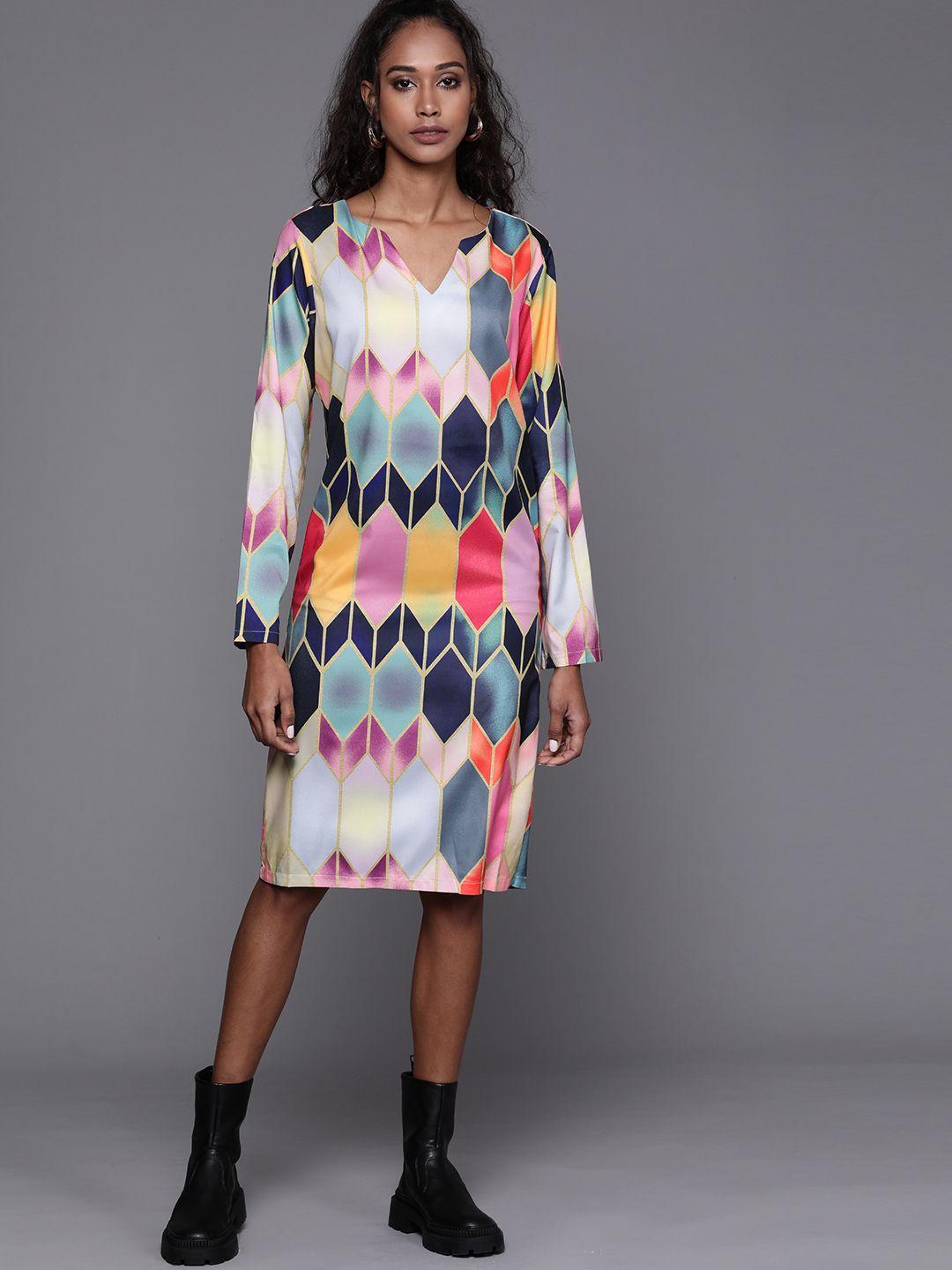 jc mode yellow & navy blue geometric printed sheath dress