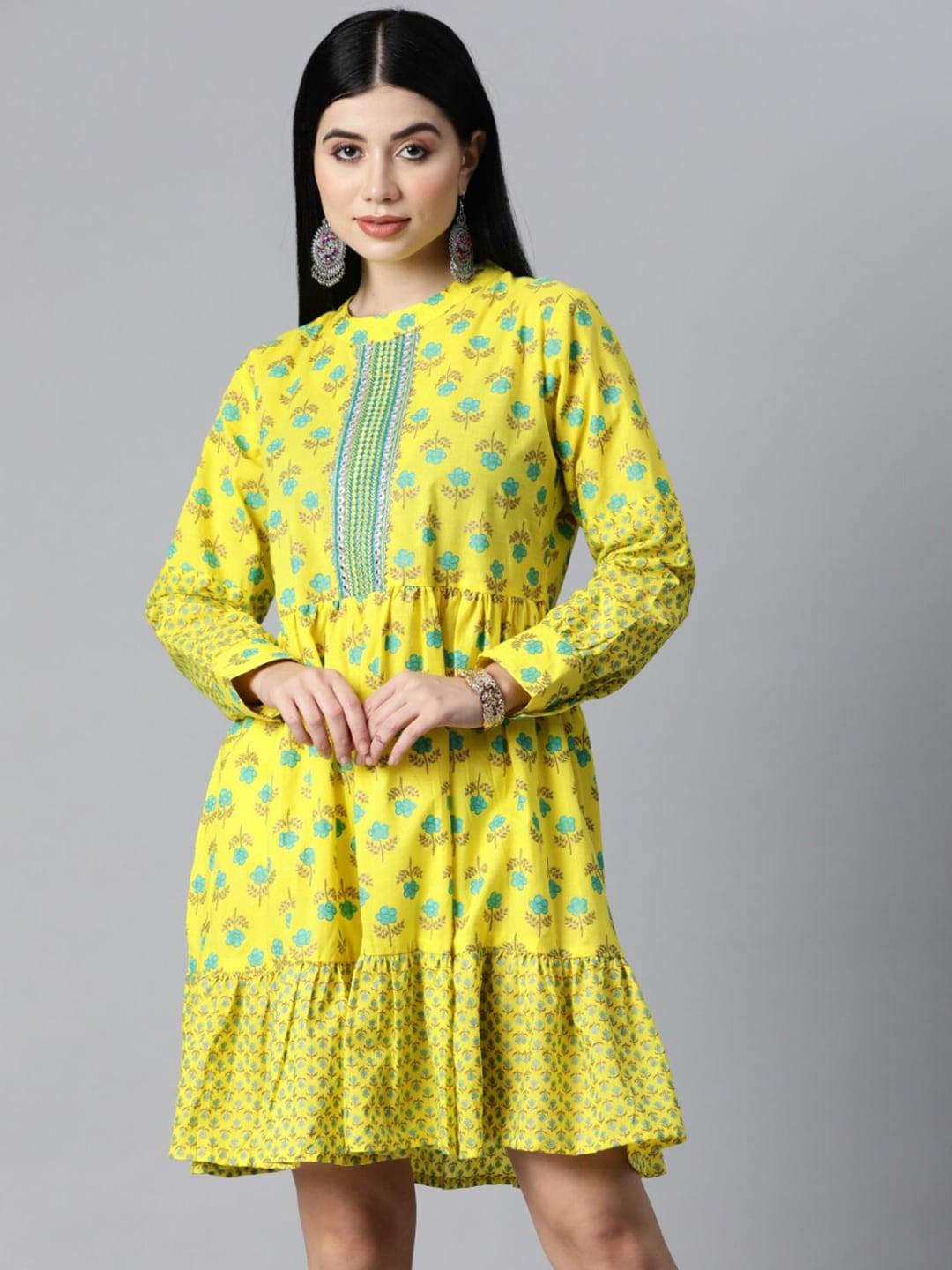 jc4u floral printed cuff sleeves cotton fit & flare ethnic dress