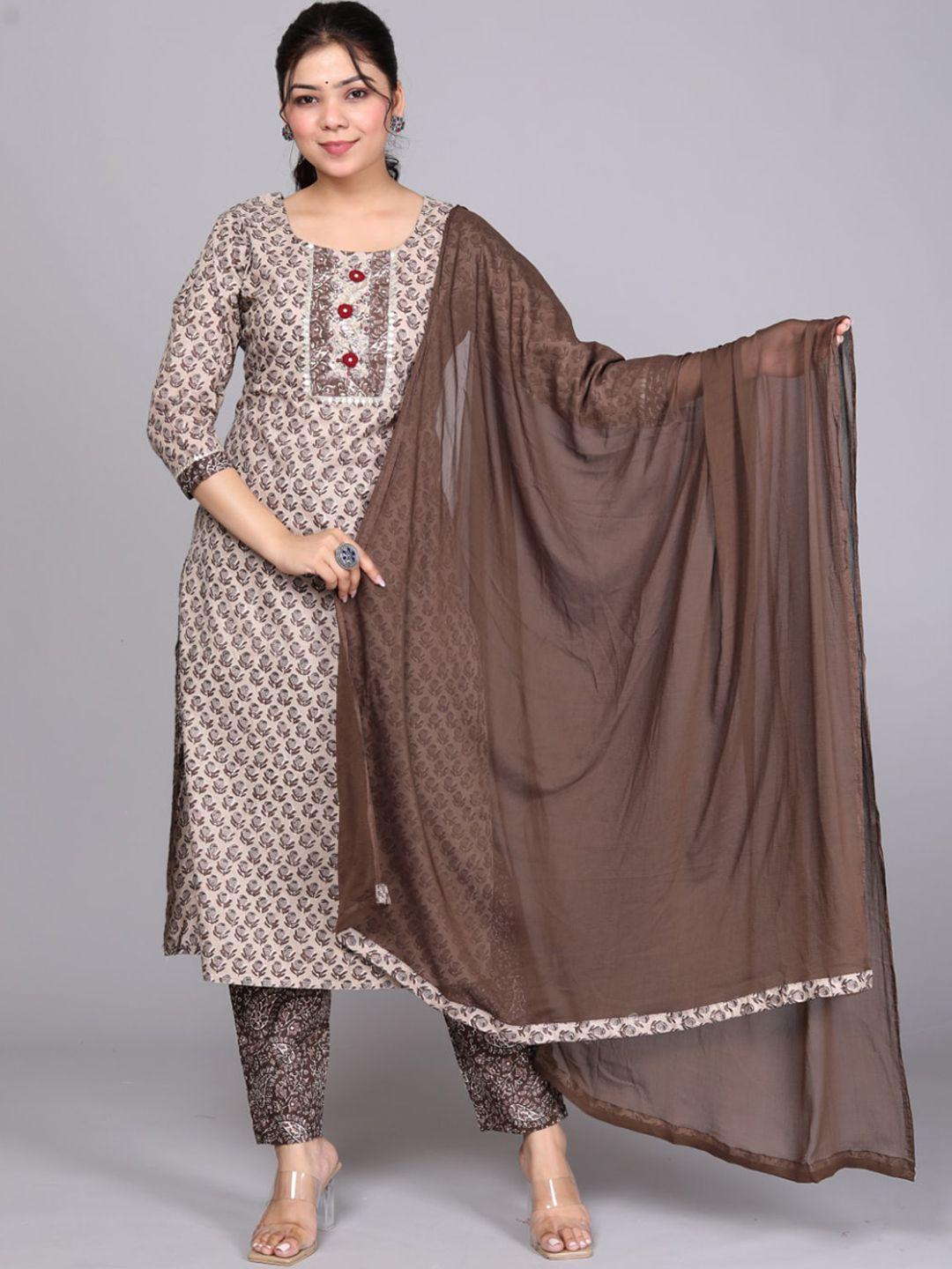 jc4u women brown floral printed regular pure cotton kurta with trousers & with dupatta