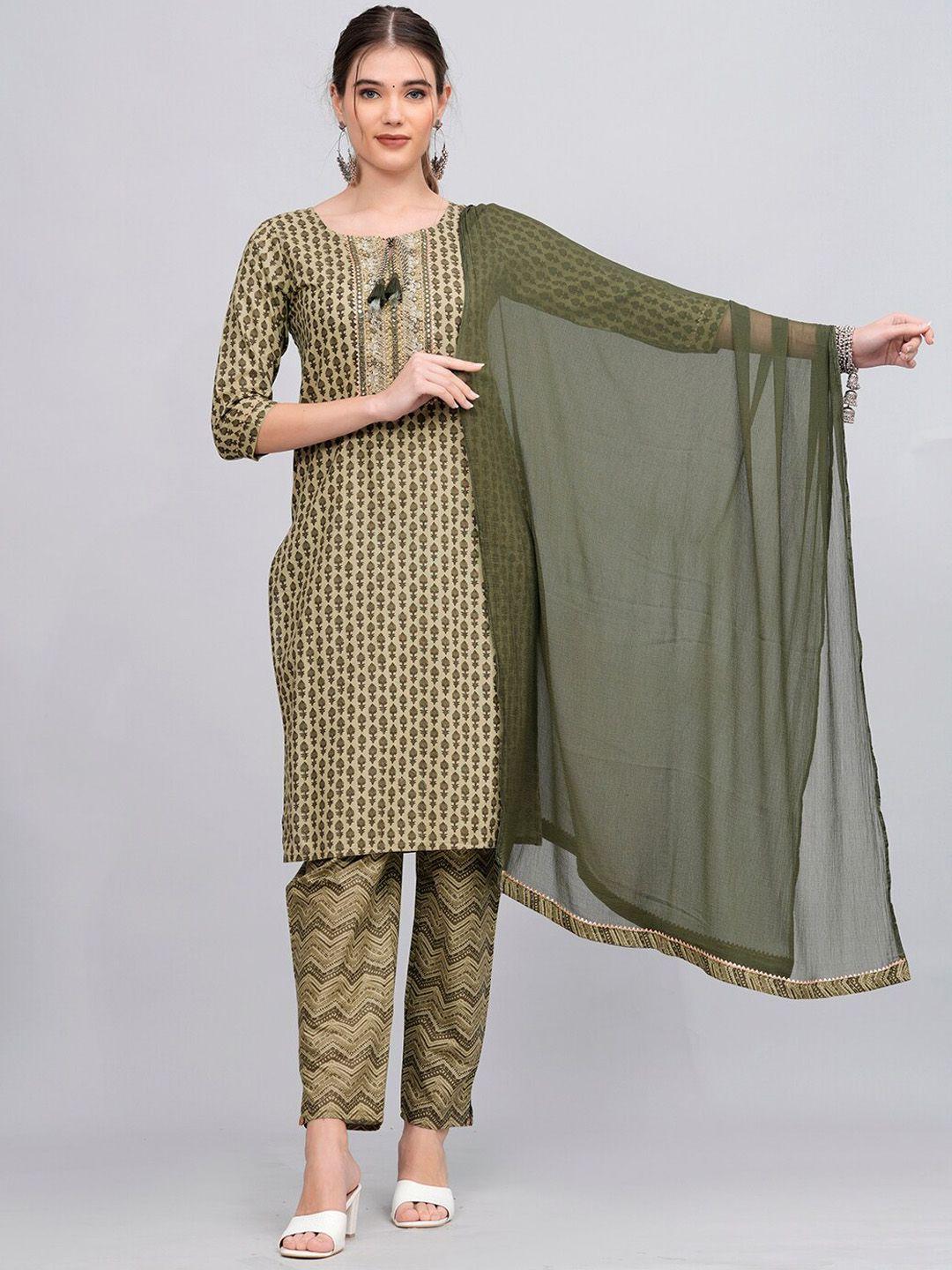 jc4u women green ethnic motifs printed regular kurta with trousers & with dupatta