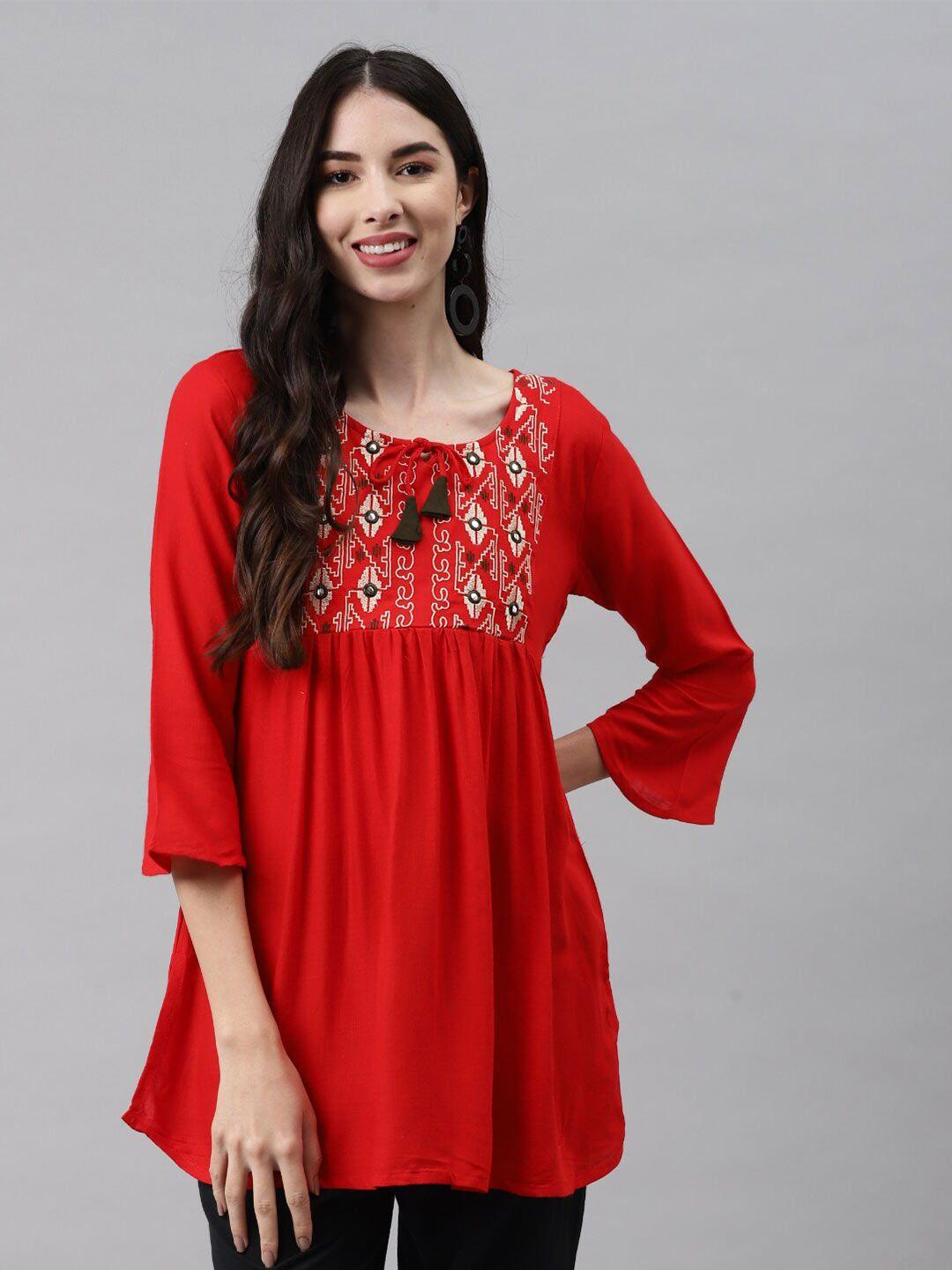 jc4u ethnic motifs embroidered tie-up neck a-line regular top