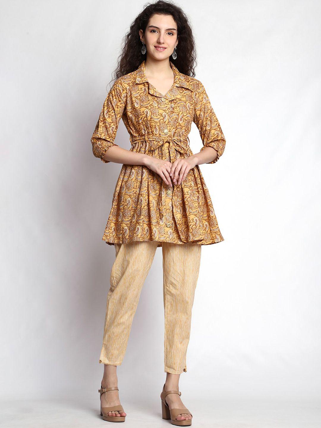 jc4u ethnic motifs printed belted pure cotton pleated tunic with trousers
