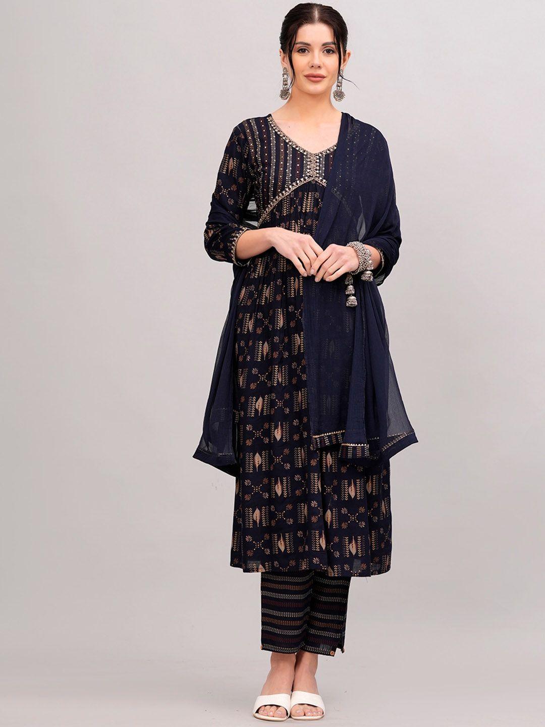 jc4u ethnic motifs printed empire thread work straight kurta with trousers & with dupatta