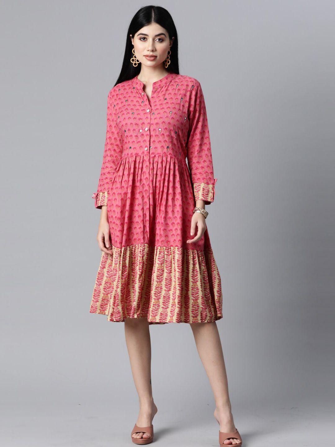 jc4u ethnic motifs printed mandarin collar fit and flare ethnic dress