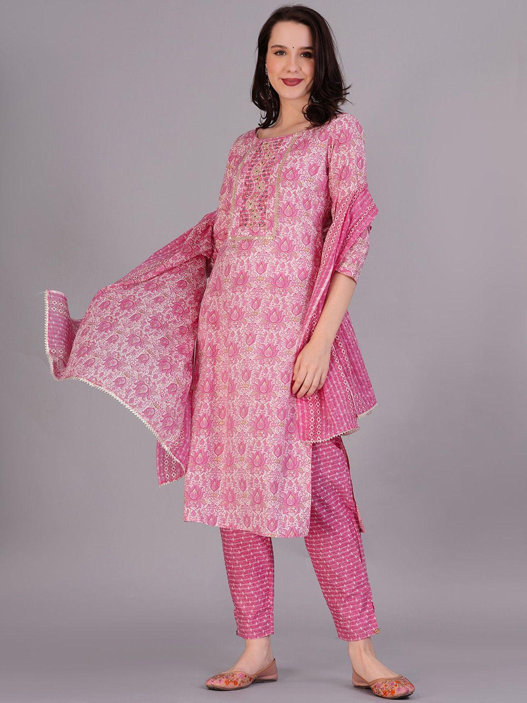 jc4u ethnic motifs printed mirror work pure cotton kurta with trousers & dupatta