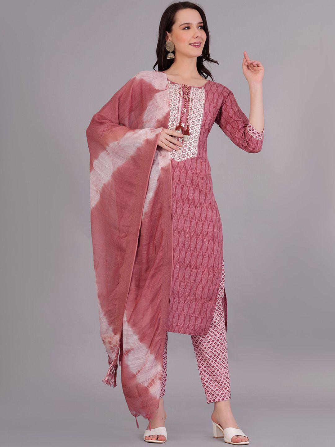 jc4u ethnic motifs printed pure cotton straight kurta with trousers & with dupatta