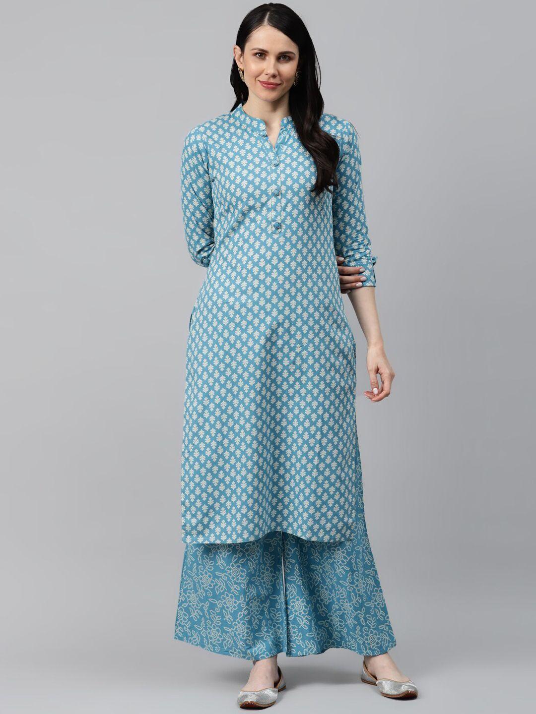 jc4u ethnic motifs printed regular mandarin collar pure cotton kurta with palazzos