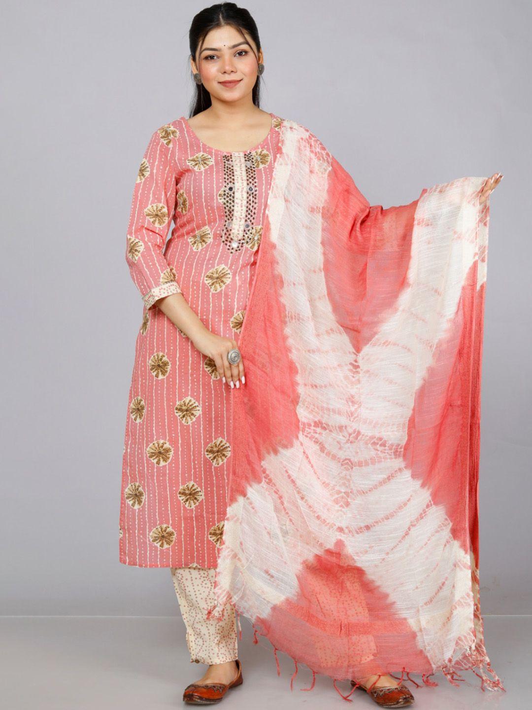 jc4u ethnic motifs printed regular mirror work pure cotton kurta & trousers with dupatta