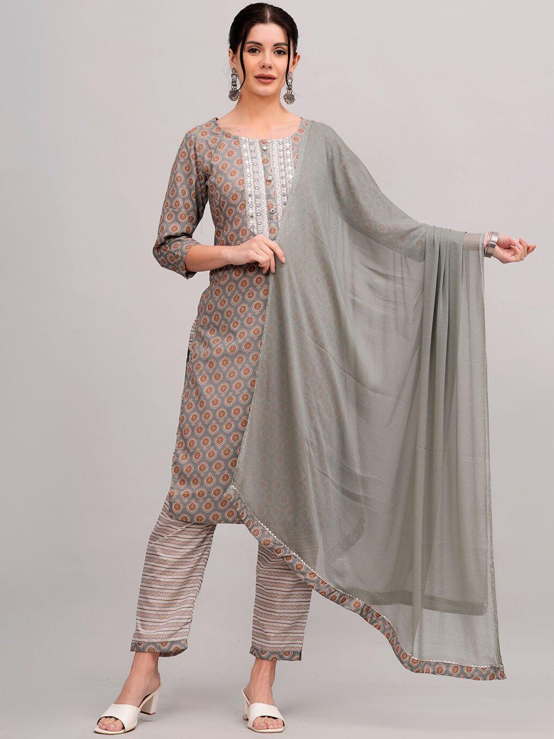 jc4u ethnic motifs printed regular mirror work pure cotton kurta with trousers & dupatta