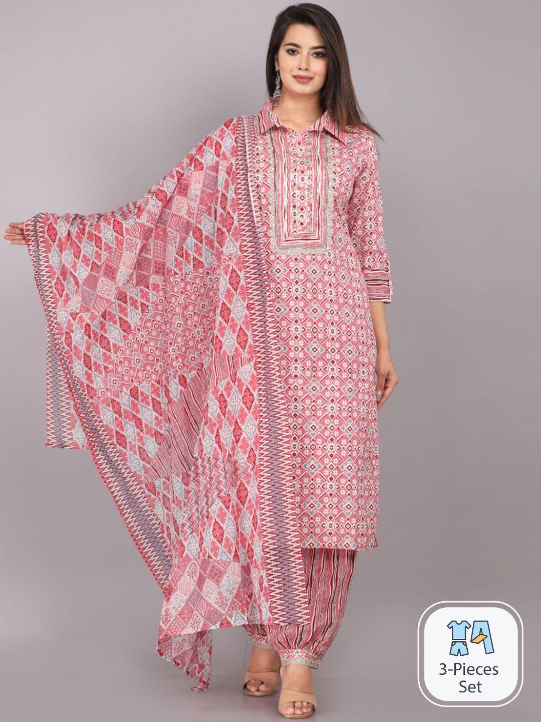 jc4u ethnic motifs printed sequinned regular pure cotton kurta with salwar & dupatta