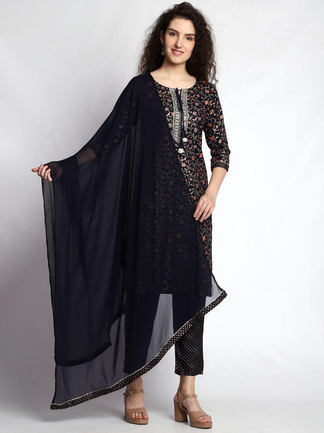 jc4u ethnic motifs printed tie-up neck gotta patti kurta with trousers & with dupatta