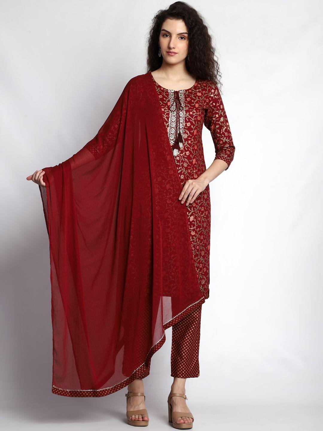 jc4u ethnic motifs printed tie-up neck gotta patti kurta with trousers & with dupatta