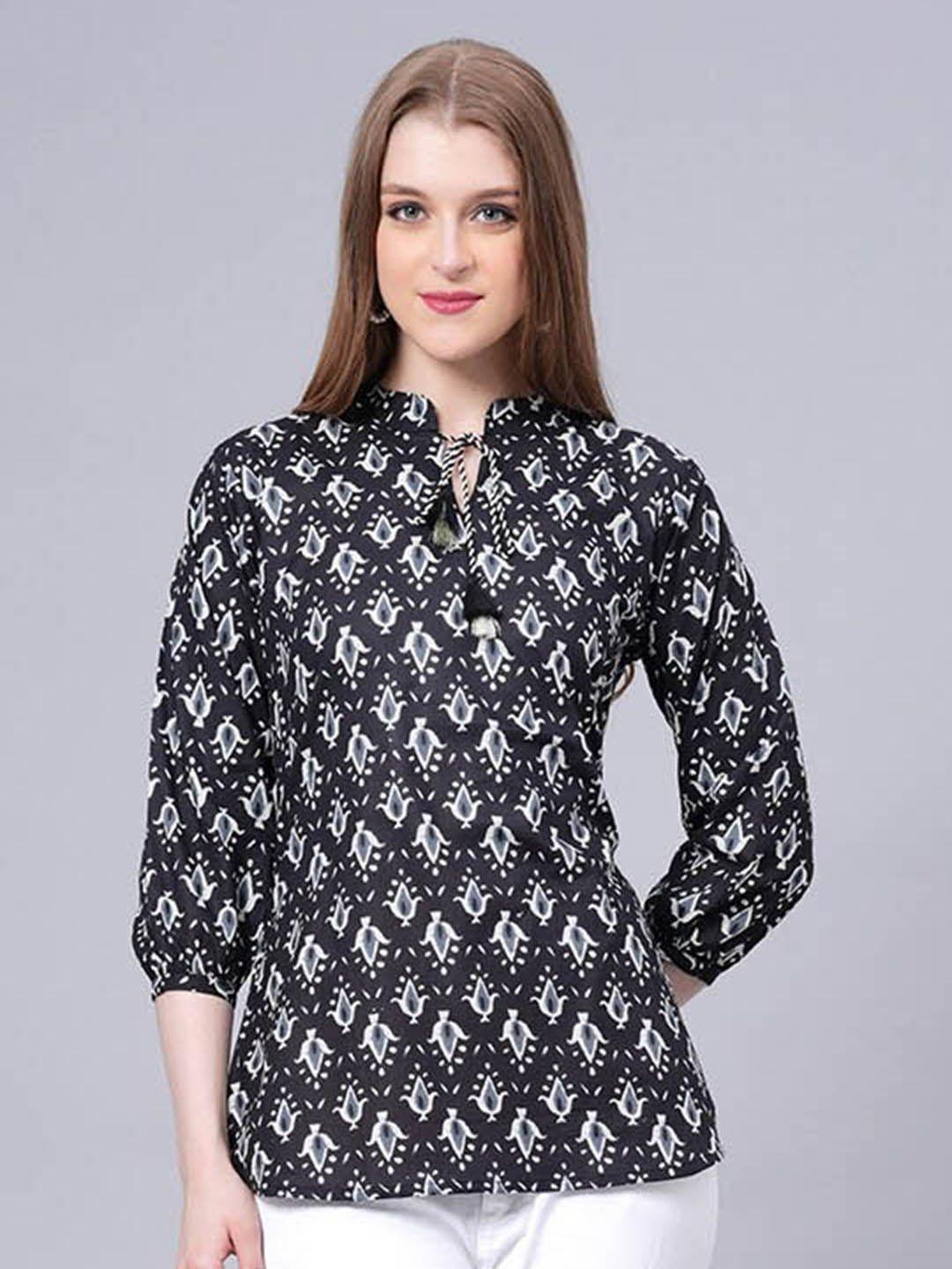 jc4u ethnic printed mandarin collar cotton regular top