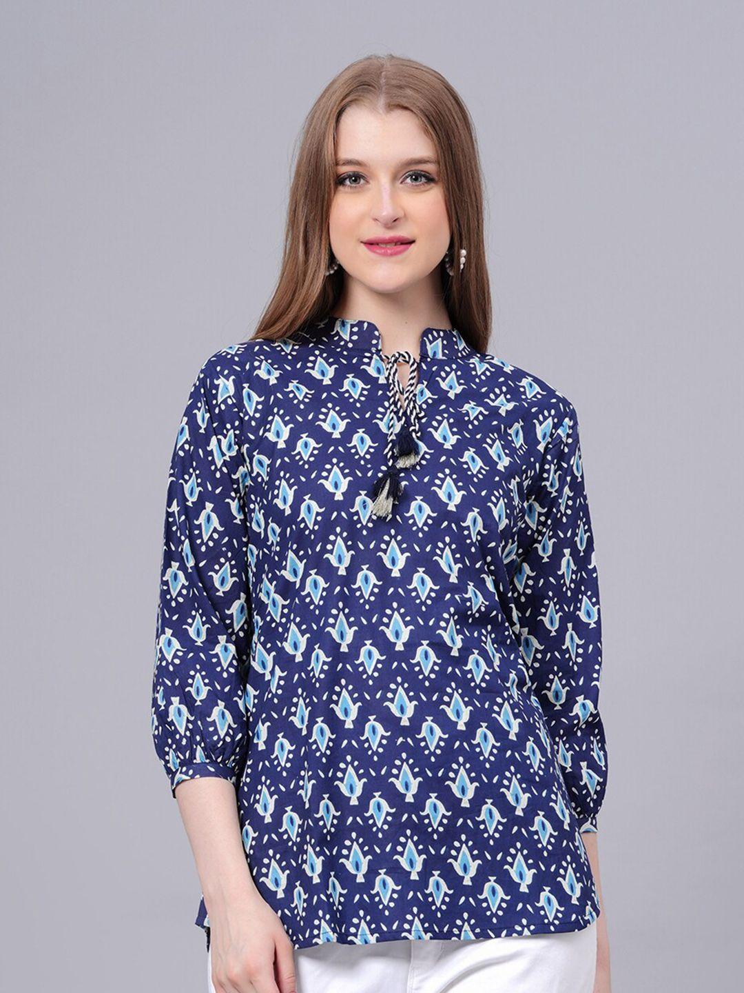 jc4u ethnic printed mandarin collar cotton regular top