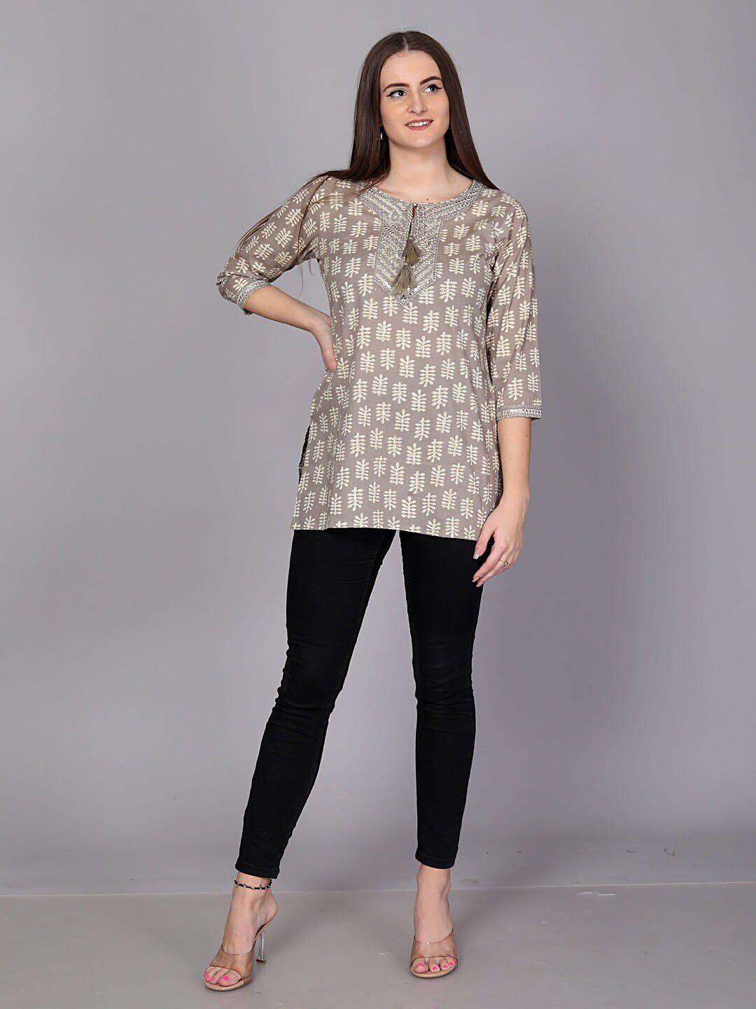 jc4u ethnic printed tie-up neck sequined cotton regular top