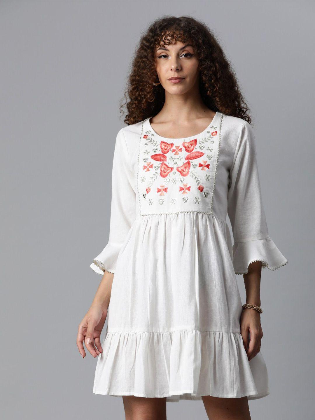 jc4u floral embroidered bell sleeves gathered cotton fit & flare dress