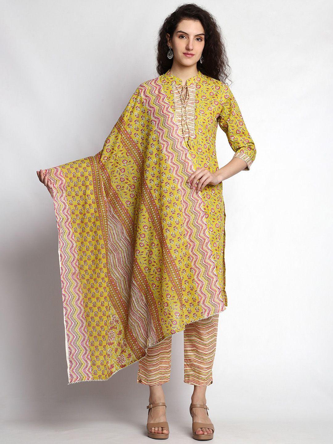 jc4u floral printed mandarin collar gotta patti pure cotton kurta & trousers with dupatta