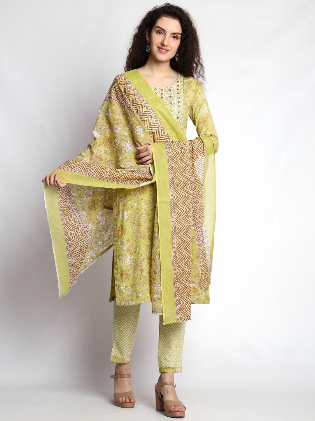 jc4u floral printed regular mirror work pure cotton kurta & trousers with dupatta