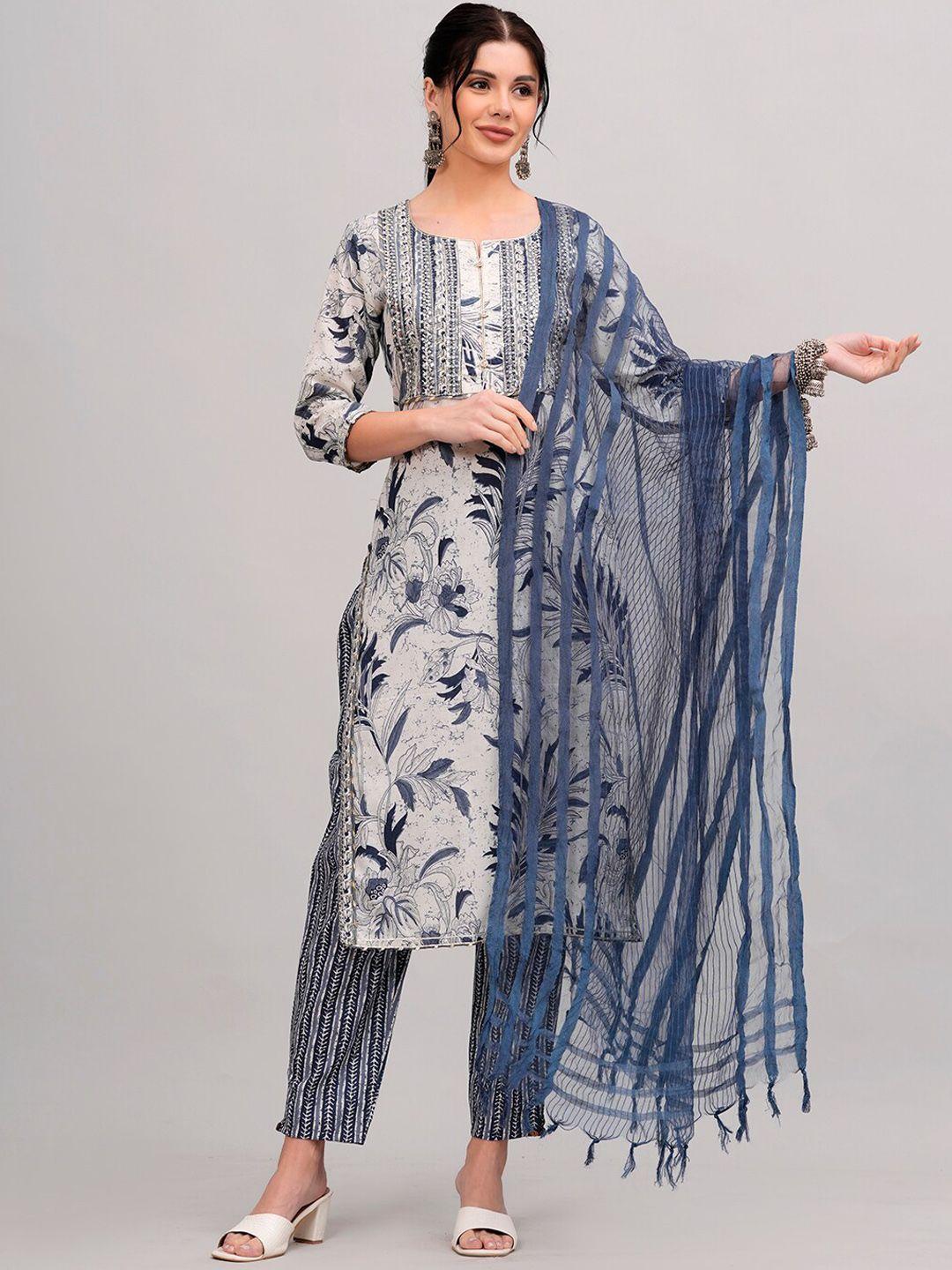 jc4u floral printed round neck pure cotton straight kurta with trousers & with dupatta