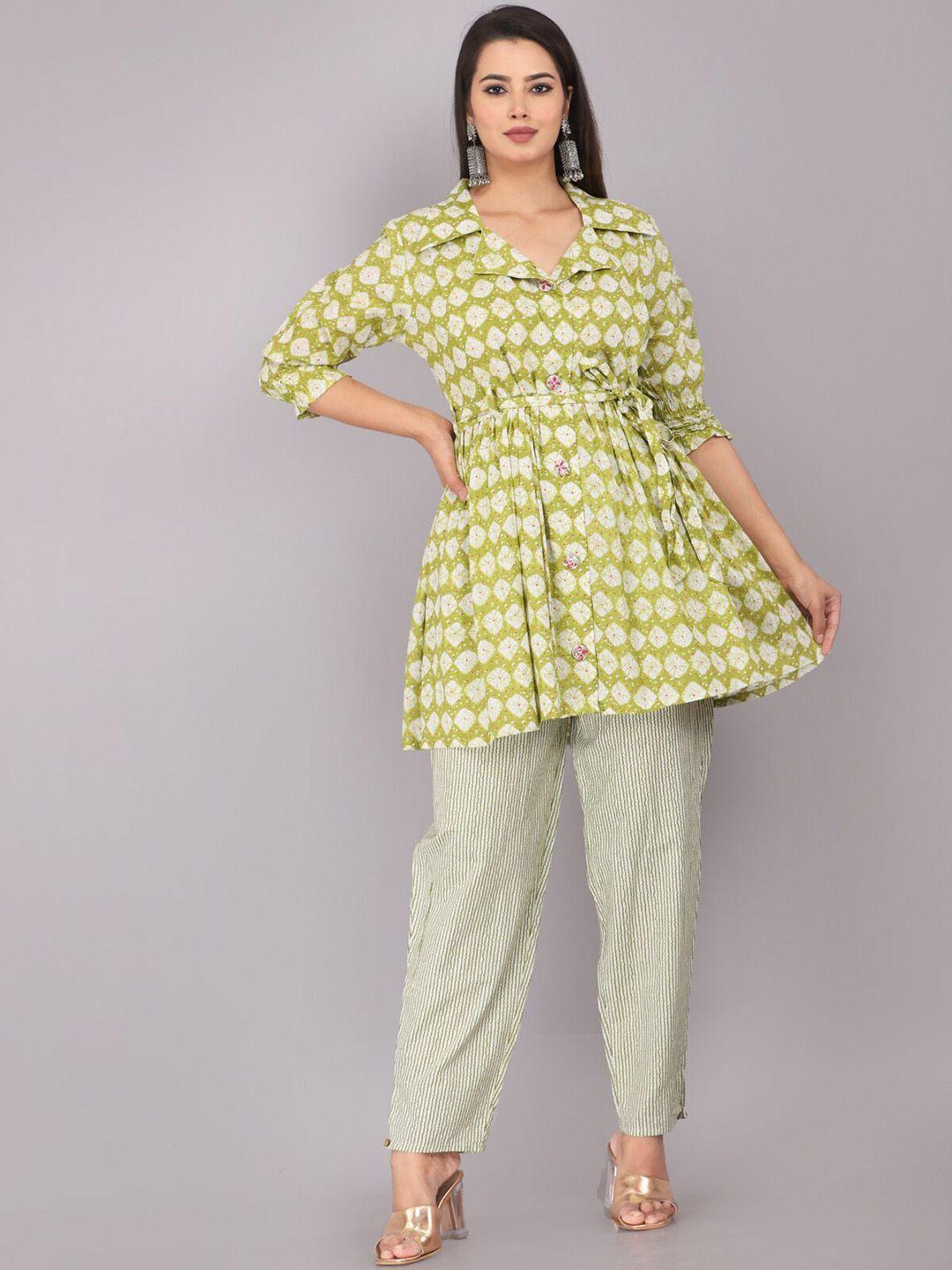 jc4u floral printed shirt collar a-line kurti with striped trousers