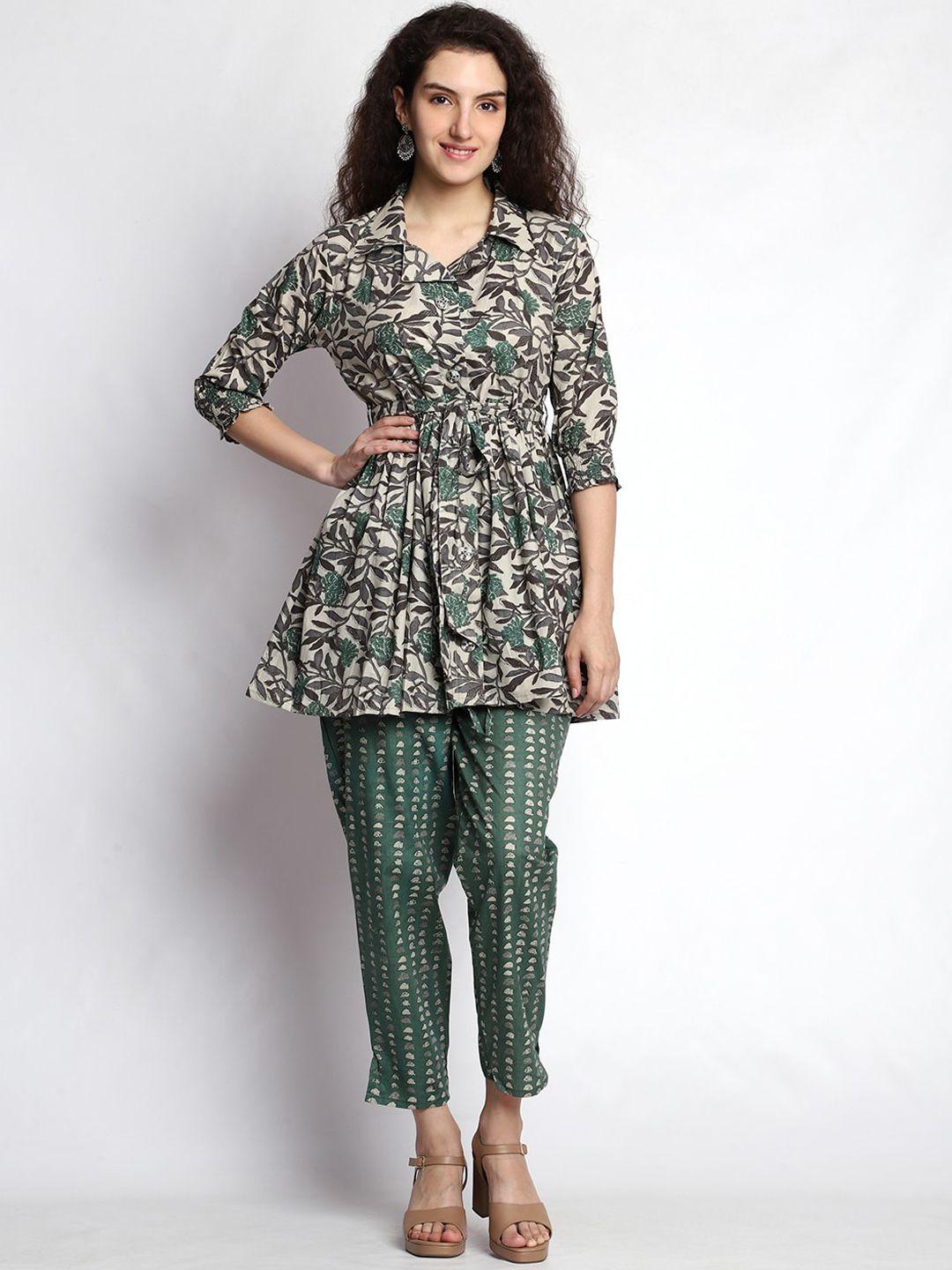 jc4u floral printed shirt collar gathered and pleated pure cotton top with trousers