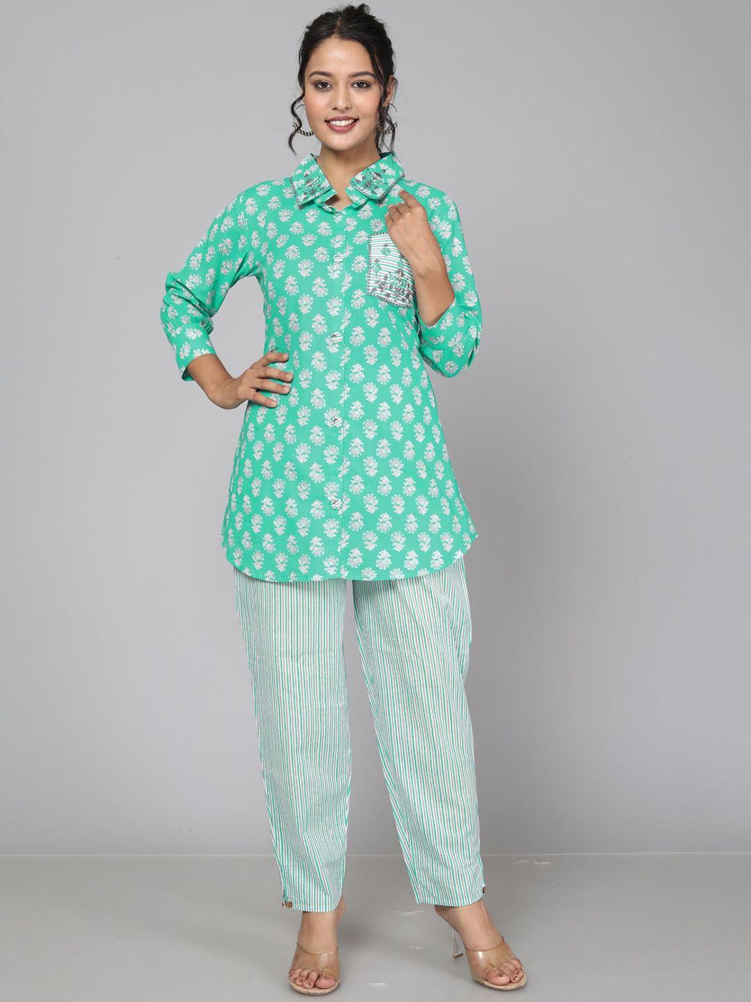 jc4u floral printed shirt collar pure cotton kurta & trousers