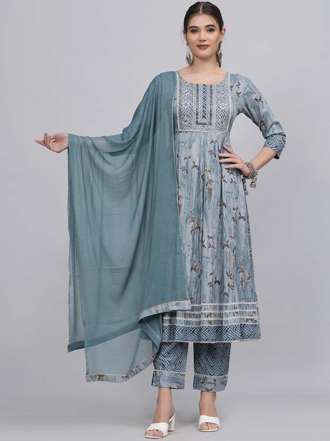 jc4u floral printed thread work kurta with trousers & dupatta