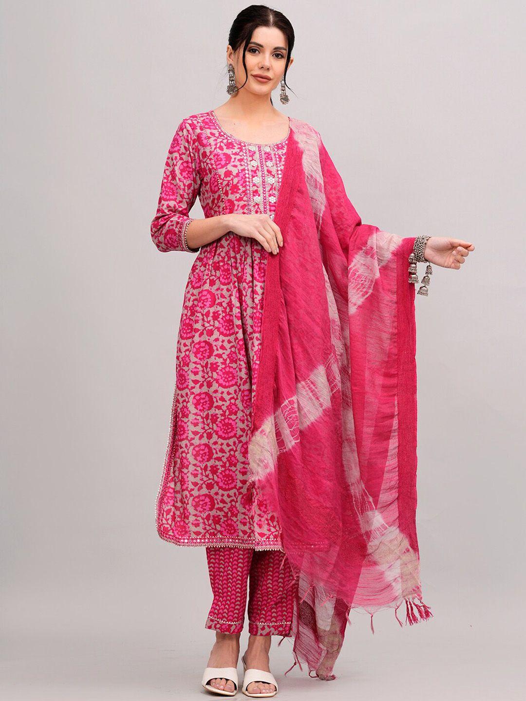 jc4u floral printed thread work pure cotton straight kurta with trousers & dupatta