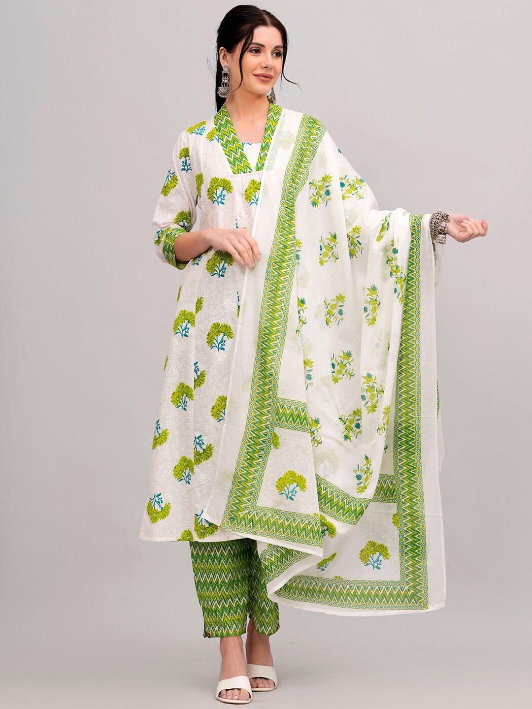 jc4u floral printed u-neck pure cotton flared kurta with trousers & dupatta