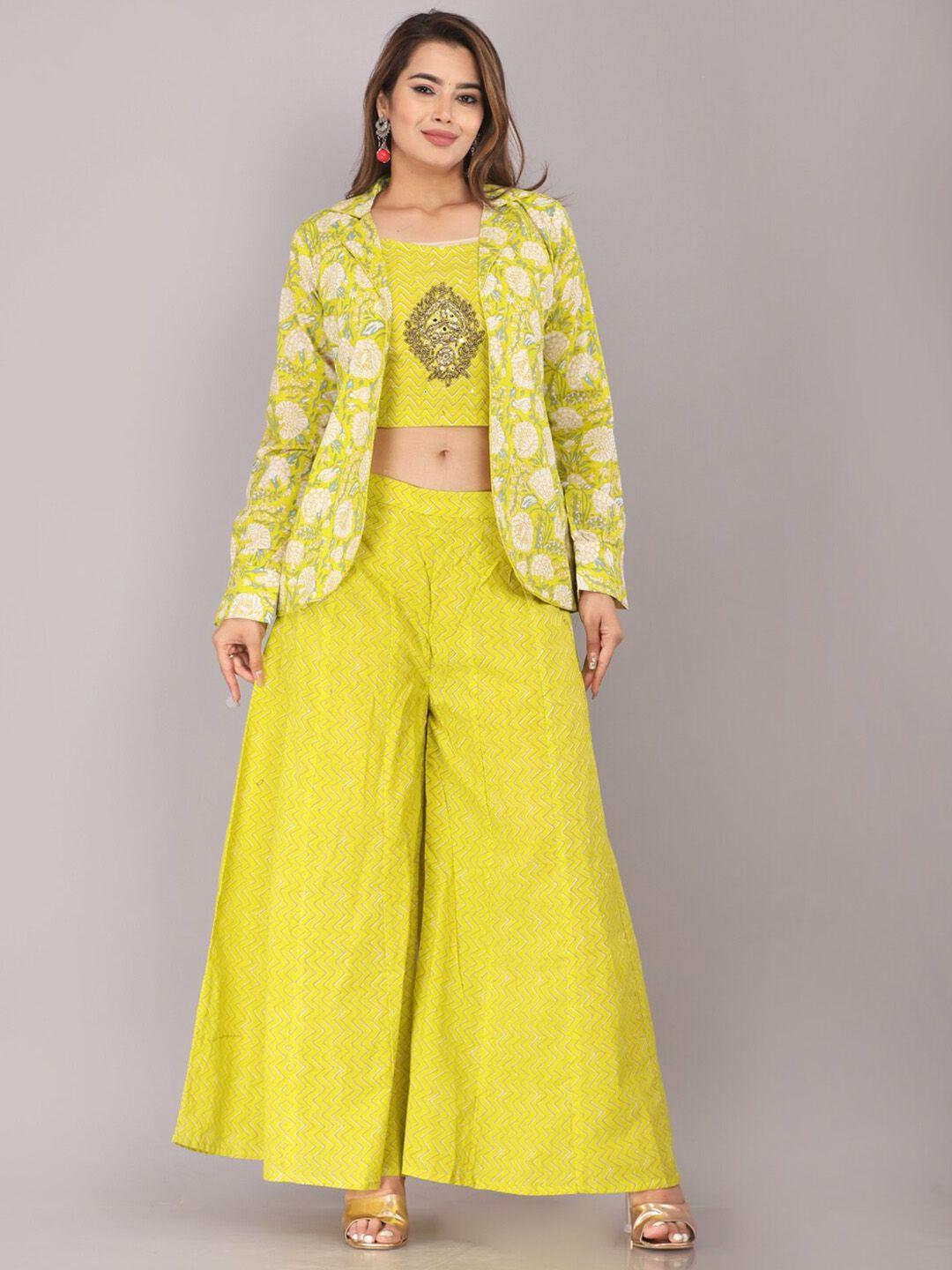 jc4u printed cotton round neck crop top & coat with palazzos