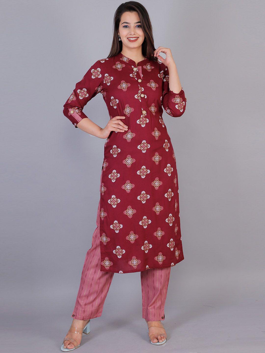 jc4u women maroon ethnic motifs printed regular kurta with trousers