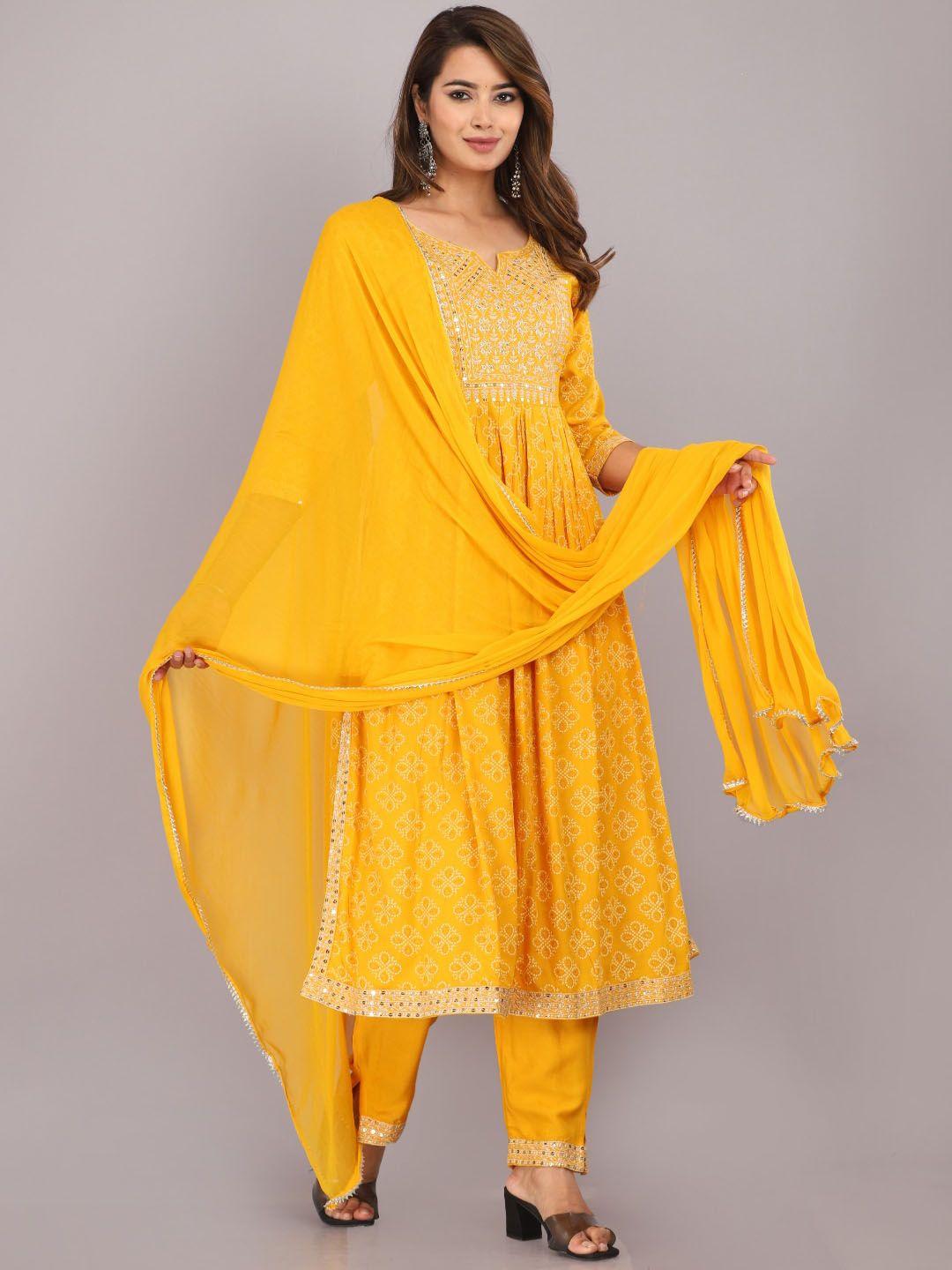 jc4u women mustard yellow ethnic motifs printed empire thread work kurta with trousers & with dupatta