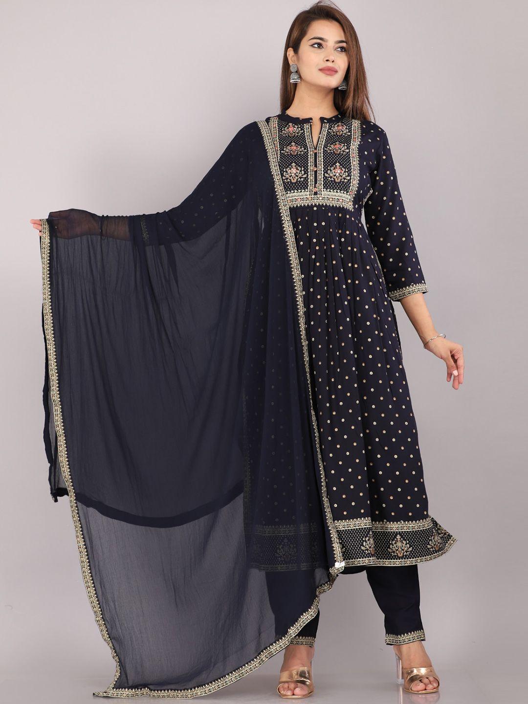 jc4u women navy blue ethnic motifs printed regular thread work kurta with trousers & with dupatta