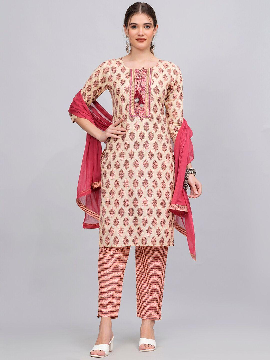 jc4u women pink ethnic motifs printed regular kurta with trousers & with dupatta
