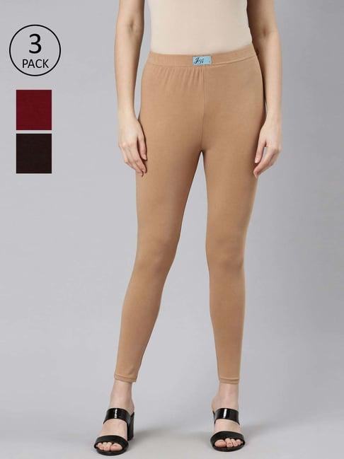 jcss tan & maroon cotton leggings - pack of 3