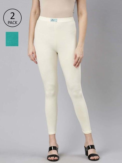 jcss sea green & cream cotton leggings - pack of 2