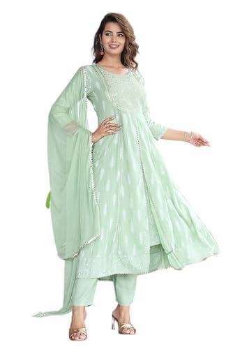 jd finishing rayon printed kurta with pants & dupatta set for women long middle cut kurtis girls stylish latest new trending design anarkali kurta ankle lenght straight kurta (m, pista green)