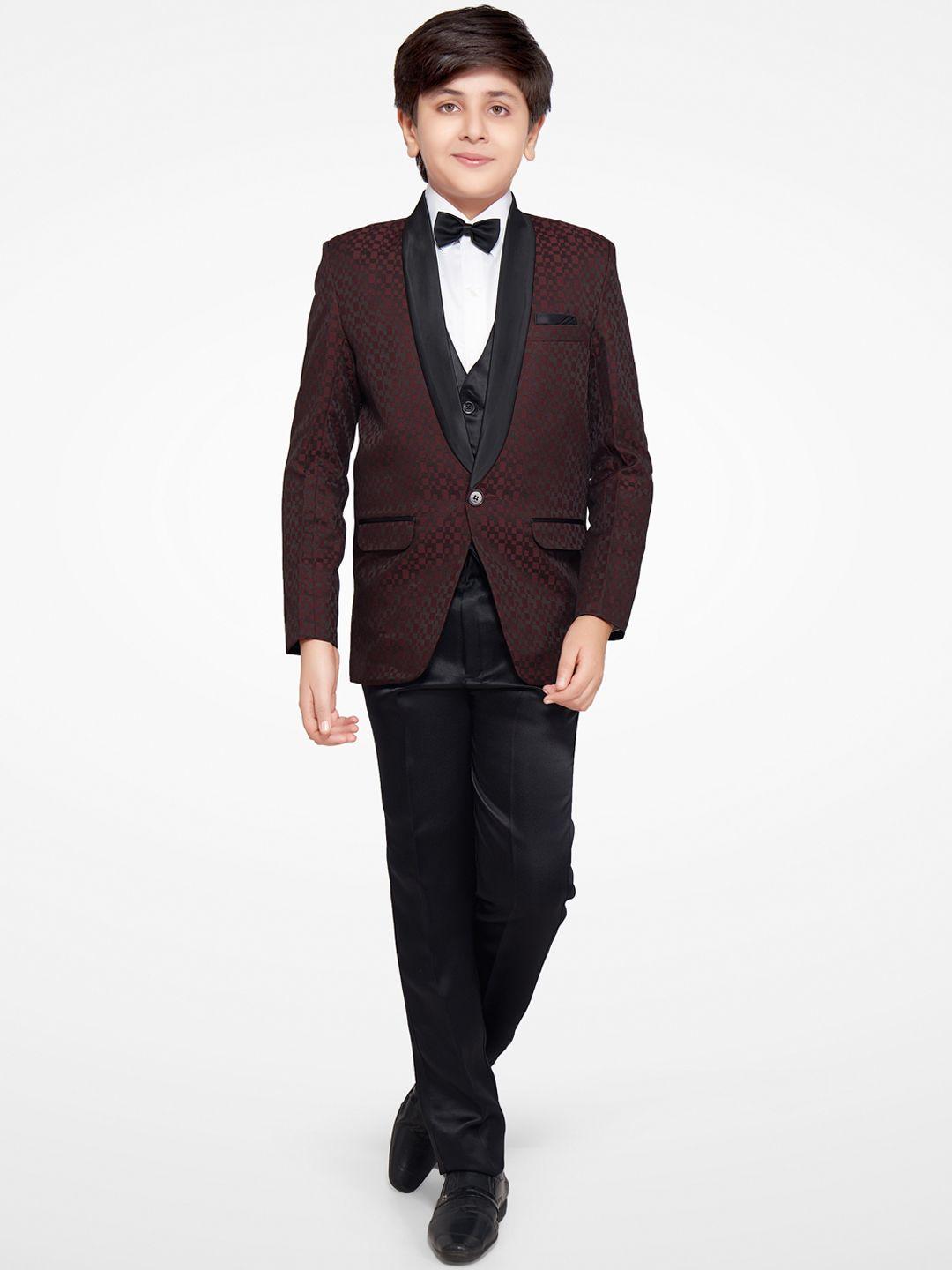 jeetethnics boys maroon checked 5-piece single-breasted partywear suit