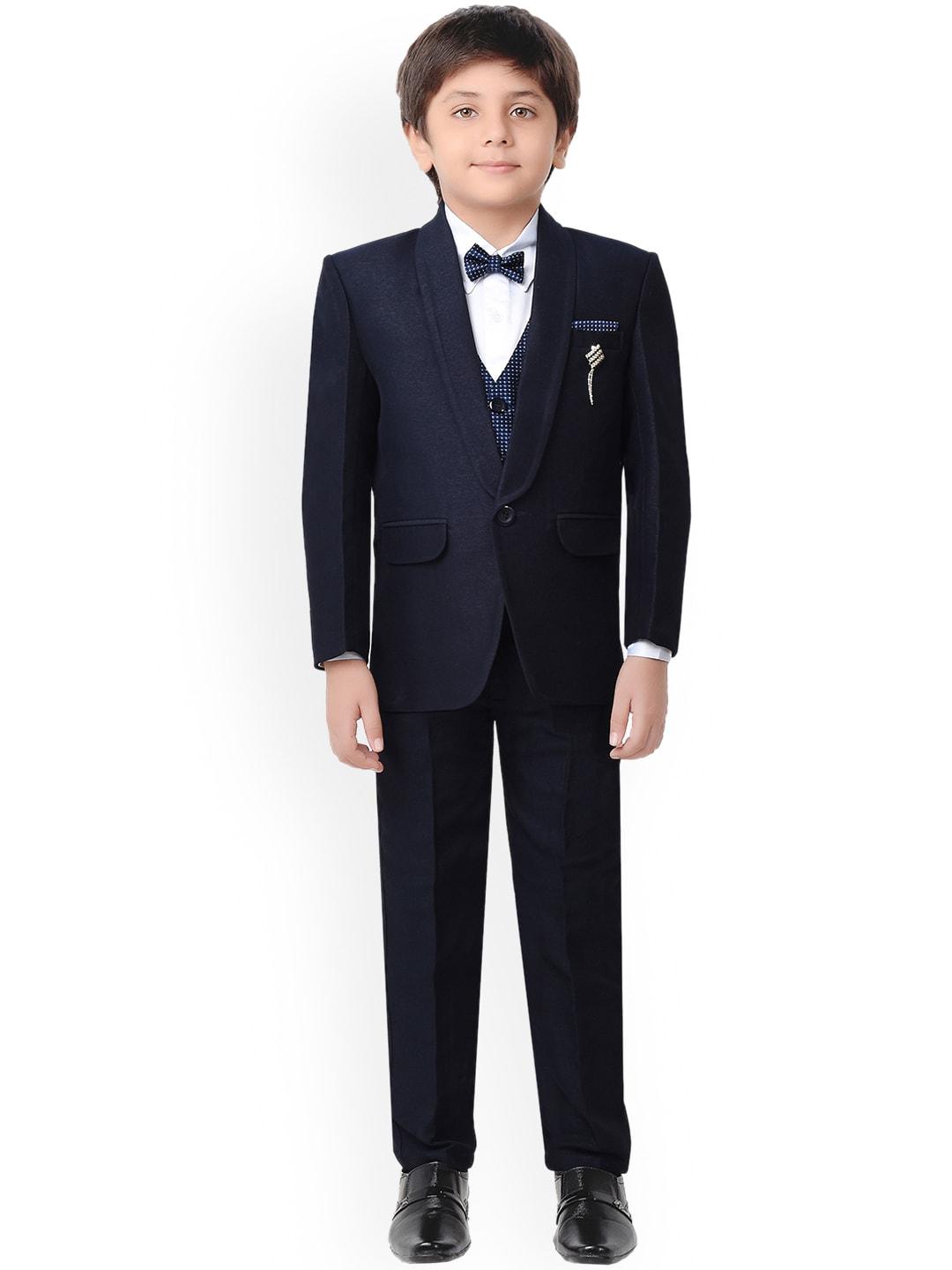 jeetethnics boys navy blue solid coat with trousers