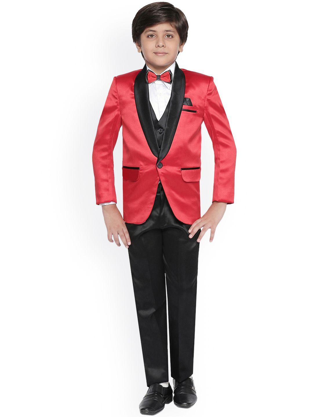 jeetethnics boys red & black solid 5 piece tuxedo suit
