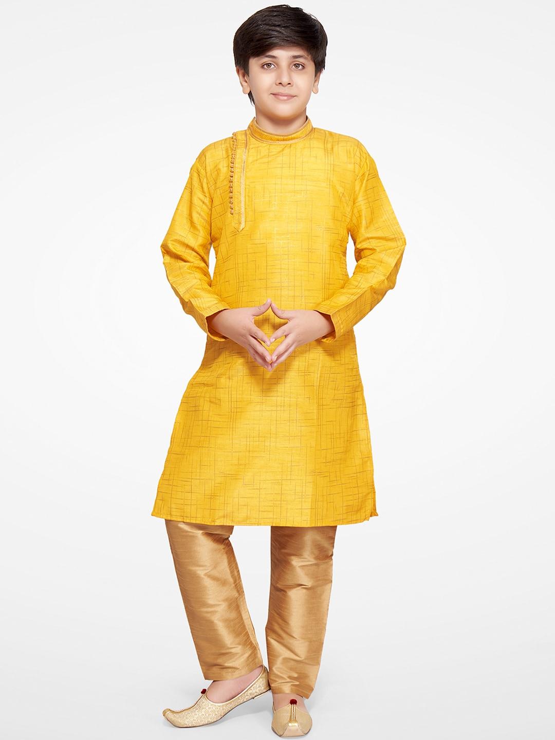 jeetethnics boys yellow abstract printed cotton blend kurta set