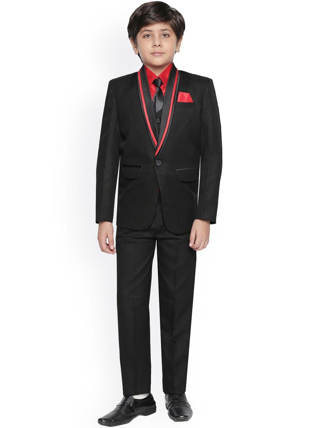 jeetethnics boys black & red solid 4-piece single-breasted partywear suit